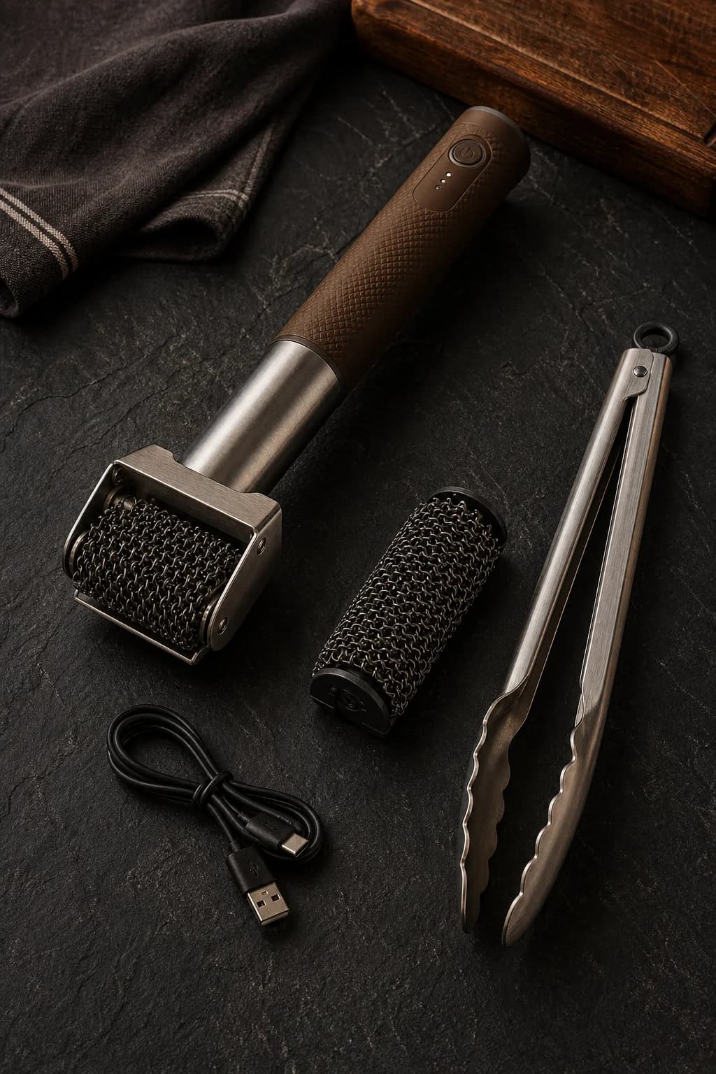 Braai cleaning tools and a spare stainless brush head on slate